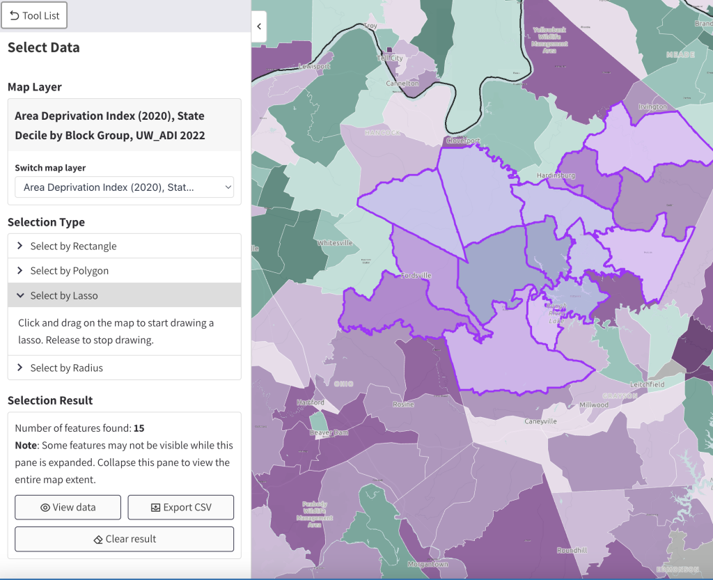 After drawing a lasso around a group of counties, a bright purple border appears around the selected counties. 